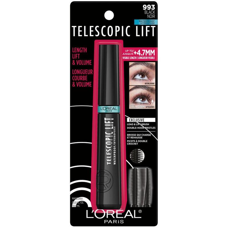 L'Oreal Paris Telescopic Lift Waterproof Makeup Mascara, 36HR Wear, Black, 0.33 fl oz