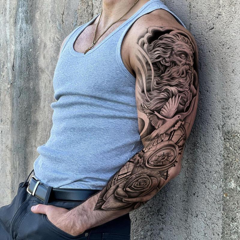 God Warrior Flower Pattern Temporary Tattoo, Waterproof Long Lasting Realistic Fake Sleeve Tattoo Sticker, Body Art Sticker for Men & Women