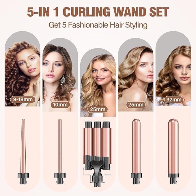 BESTOPE PRO 5 in 1 Curling Wand Set - 3 Barrel Hair Crimper with 4 Interchangeable Ceramic Curling Irons(0.35”-1.25”), Instant Heat Up, Storage Bag & Heat Protective Glove & 2 Clips Adjustable Curler straightening brush Gift  christmas 2024 ornament