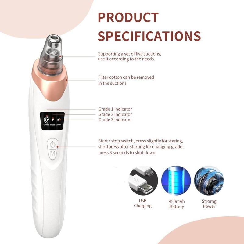 Comfort Portable Electric Vacuum Facial Cleaner Kit, 1 Box Usb Facial Cleansing Instrument with Tips, Electric Facial Cleansing Tool for Deep Pore Cleaning, Face Care Products, Pimple Vacuum