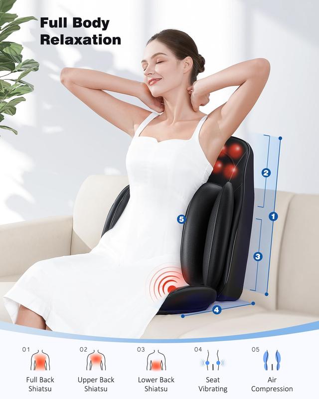 Shiatsu Back Massager with Heat, Deep Kneading Massage Chair Pad with Compression, Vibration & Heating, Seat Cushion for Full Body Pain Relief