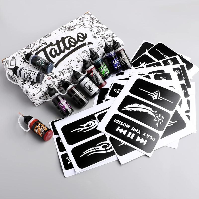 Temporary Tattoo Kit 10 Bottles Color Inks, 84 Pcs Stencils Kit for Body Paint DIY Tattoos Temp, 10 Colors DIY Fake Tattoo for Women Kids