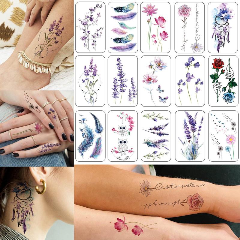 Flower & Feather Pattern Temporary Tattoo Sticker, 15pcs set Boho Style Fake Tattoo Sticker, Body Art Decoration for Women & Girls