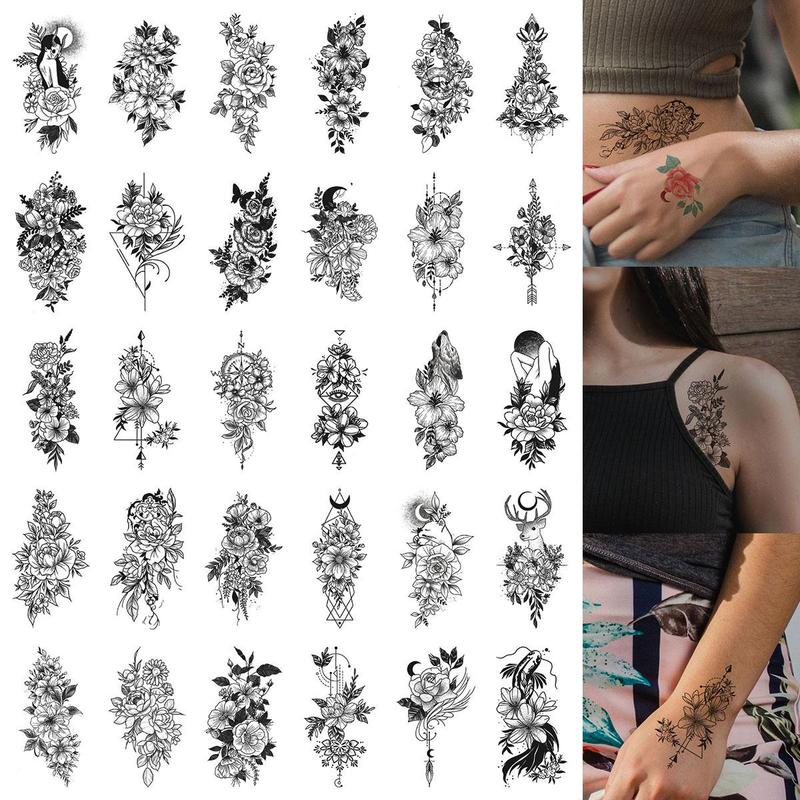 Flower Pattern Temporary Tattoo Stickers, 30pcs Creative Waterproof Tattoo Stickers, Body Art Decorations For Women & Girls