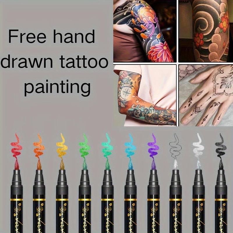 Temporary Tattoo Pen, 10pcs box Reusable Tattoo Marker Pen, Body Paint Pen for Women & Men, Professional Makeup Tool for Party, Holiday