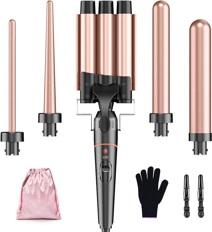 BESTOPE PRO 5 in 1 Curling Wand Set - 3 Barrel Hair Crimper with 4 Interchangeable Ceramic Curling Irons(0.35”-1.25”), Instant Heat Up, Storage Bag & Heat Protective Glove & 2 Clips Adjustable Curler straightening brush Gift  christmas 2024 ornament