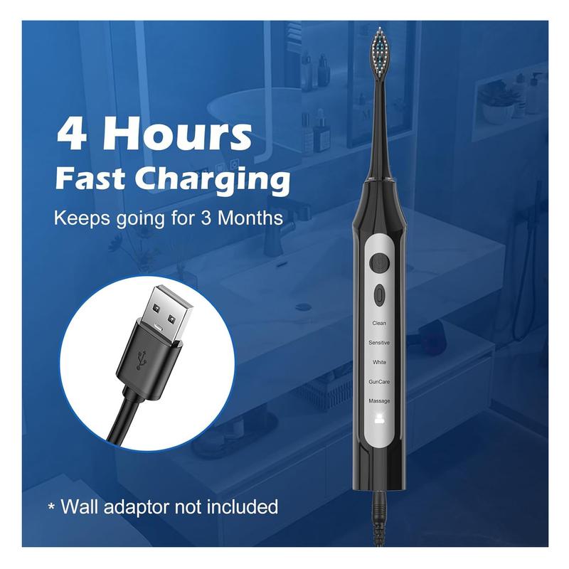 Sonic Electric Toothbrush for Adults - Rechargeable Toothbrush with 6 Brush Heads & Plaque Remover for Teeth, IPX7 Waterproof,5 Modes with 2-Min Smart Timer, One Charge for 90 Days