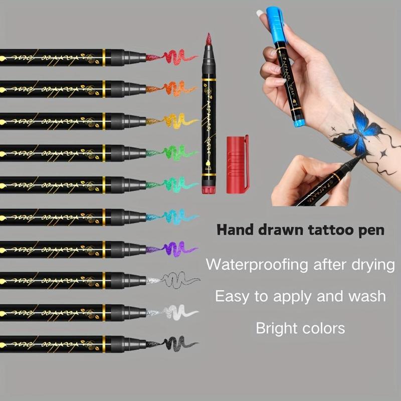 Temporary Tattoo Pen, 10pcs box Reusable Tattoo Marker Pen, Body Paint Pen for Women & Men, Professional Makeup Tool for Party, Holiday