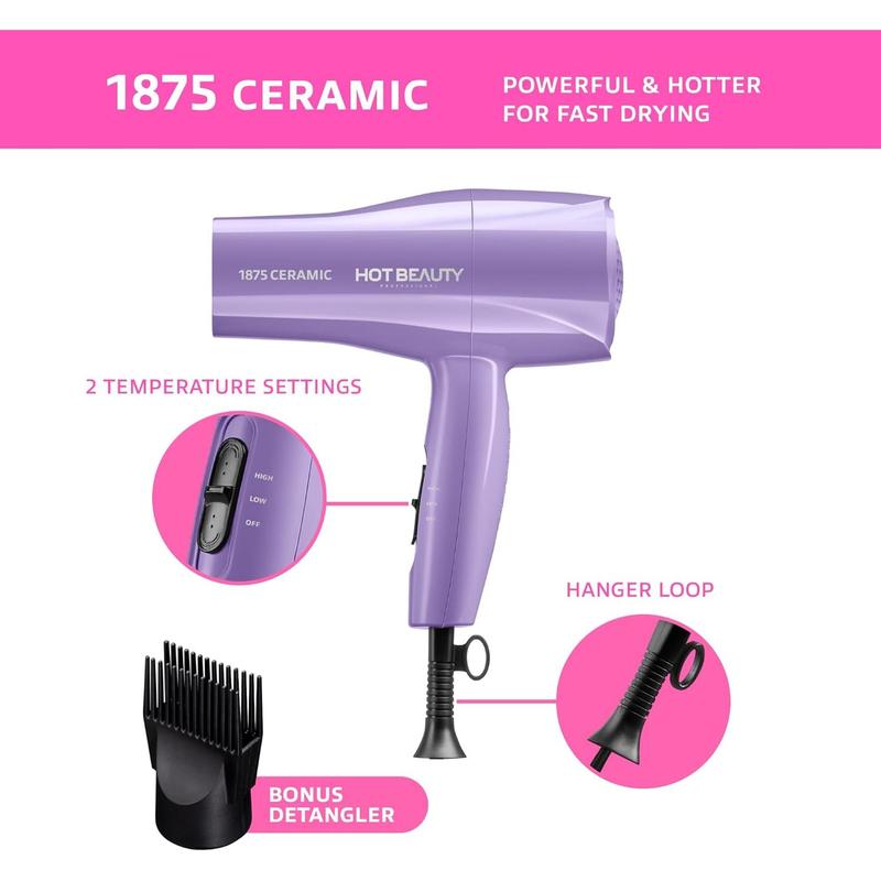 1875 Ceramic Hair Dryer, Powerful Fast Drying, Multi-Setting with Comb Attachment, Additional Detangler Included, Slide Bar Switch, Compact for Home & Travel (Purple)