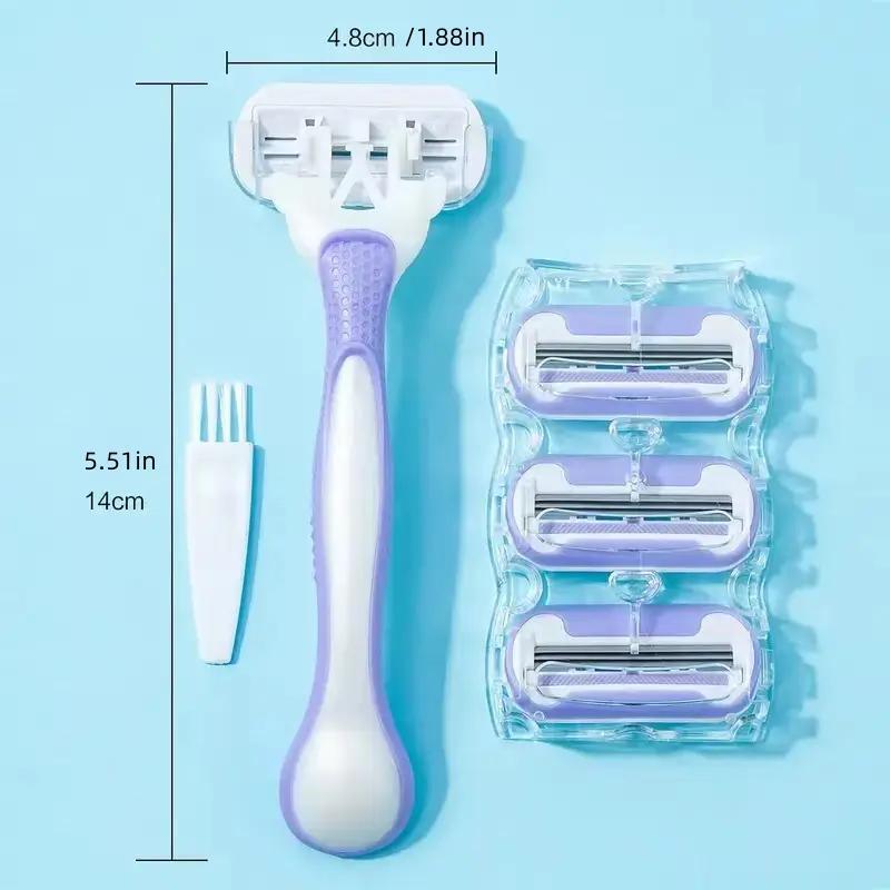 Manual Shaver Kit, 1 Count Portable Rechargeable Razor with 3 Count Replacement Heads, Multifunctional  Body Hair Removal Tool