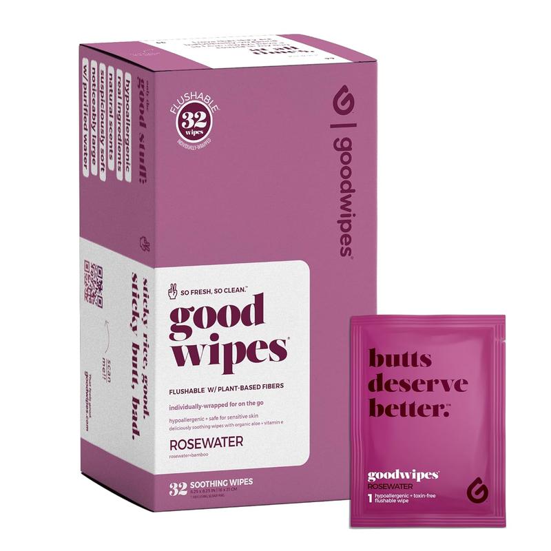 Goodwipe Flushable Wipes – Soothing Botanicals & Aloe – Soft, Individually Wrapped Butt & Feminine Wipes for On-the-Go & Travel Use – Largest Adult Toilet Wipes – Rosewater, 1 pack, 32 count Chamomile Cleansing