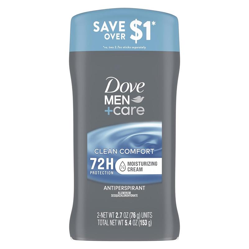 DOVE MEN + CARE Antiperspirant Deodorant Stick Clean Comfort Twin Pack 72-Hour Sweat & Odor Protection Antiperspirant for Men With 1 4 Moisturizing Cream 2.7 oz