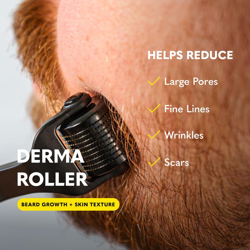 Premium Derma Roller Moisturizing Beard Growth Kit - Premium Derma Roller with Weighted Handle & Replacement Head, Derma Roller Cleansing Spray and Beard Growth Oil