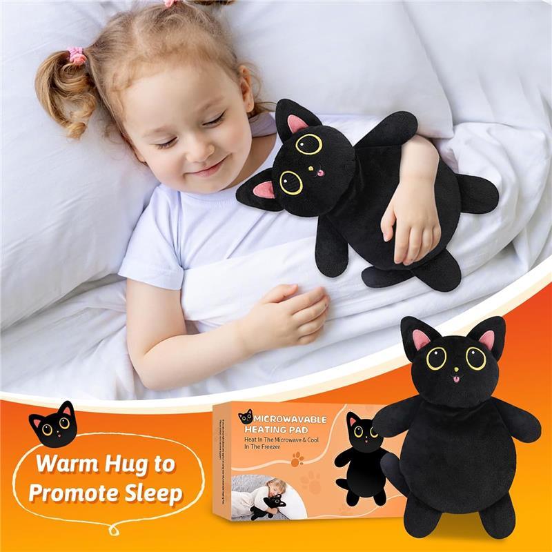 Microwave Heating Pad for Period Cramps Pain Relief - Microwavable Stuffed Animal for Cramps Neck Shoulder Muscles Knee Joints - Cute Gifts for Women - Small Black Cat