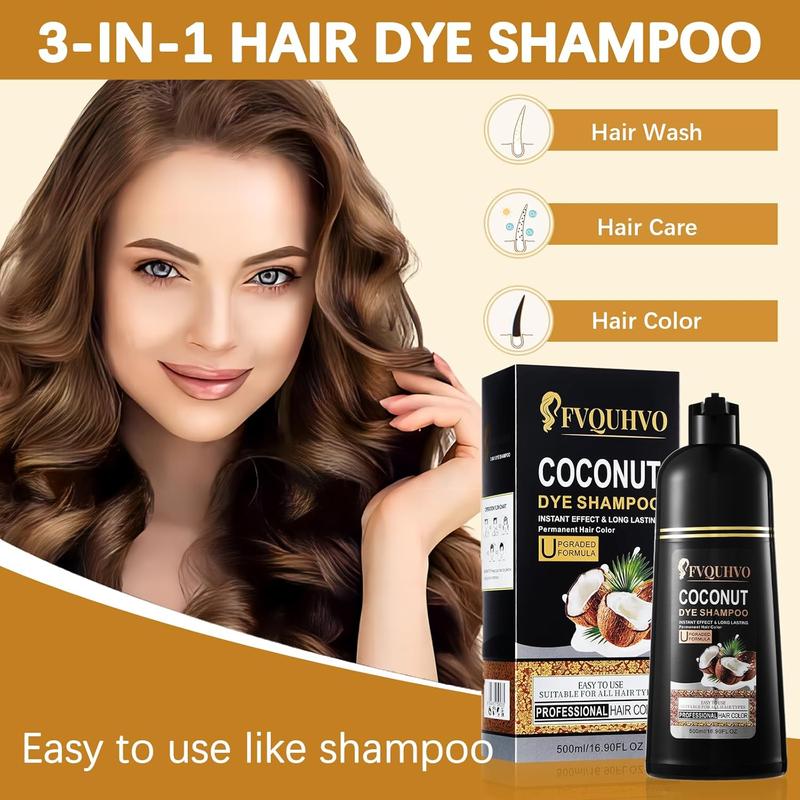 Fvquhvo Coconut Hair Color Shampoo for Dark Hair - Instant Herbal Hair Dye 3 in 1 for Women & Men, 500ml. Easy to Use & Long-Lasting,Haircare