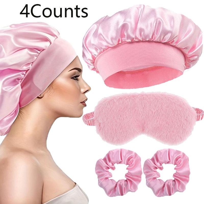 Sleeping Hair Care Set, 4 Counts set Soft Sleeping Eye Mask & Satin Sleeping Cap & Hair Ties, Hair Styling Accessories for Travel & Lounge, Christmas Gift