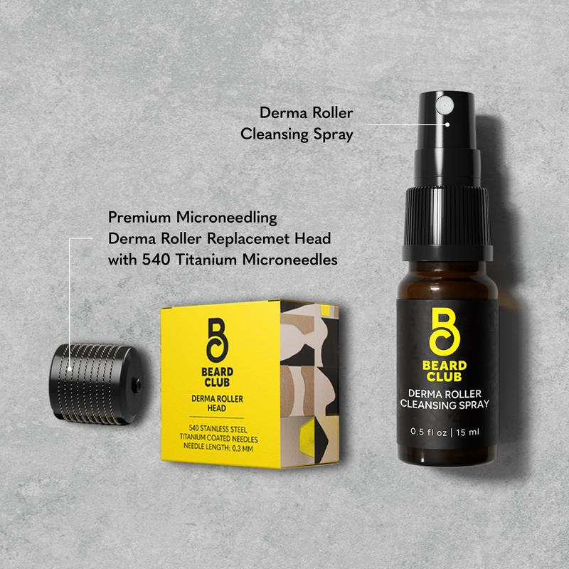 Derma Roller Replacement Head & Cleansing Spray - Beard Club - 0.3mm Titanium Microneedles - Replace, Clean and Prolong Derma Roller Life