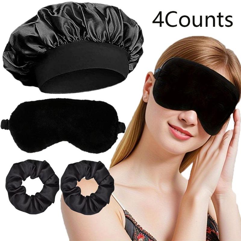 Sleeping Hair Care Set, 4 Counts set Soft Sleeping Eye Mask & Satin Sleeping Cap & Hair Ties, Hair Styling Accessories for Travel & Lounge, Christmas Gift