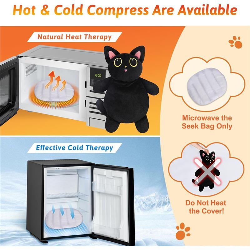 Microwave Heating Pad for Period Cramps Pain Relief - Microwavable Stuffed Animal for Cramps Neck Shoulder Muscles Knee Joints - Cute Gifts for Women - Small Black Cat