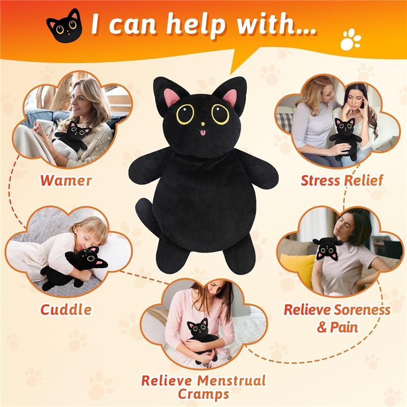 Microwave Heating Pad for Period Cramps Pain Relief - Microwavable Stuffed Animal for Cramps Neck Shoulder Muscles Knee Joints - Cute Gifts for Women - Small Black Cat