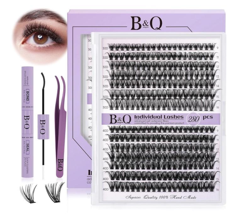 DIY Lash Extension Kit 280pcs Individual Lashes Cluster B&Q D Curl Eyelash Extension Kit Lash Clusters with Lash Bond and Seal and Lash Applicator Tool (KIT,30D40D-0.07D-9-16MIX) Makeup Cosmetic Eyelashes Extensions Lightweight