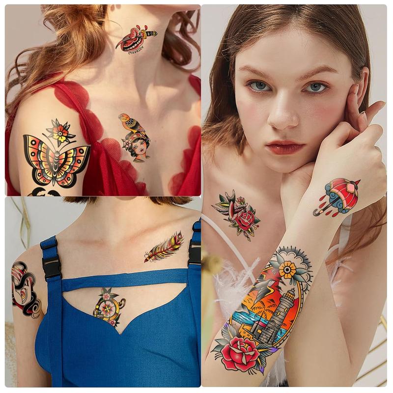 77 Sheets Classic Temporary Tattoos Adult Men, Traditional Colorful Realistic Half Arm Fake Tattoo Sleeve, Flower Butterfly Snake Owl Shark for Women,