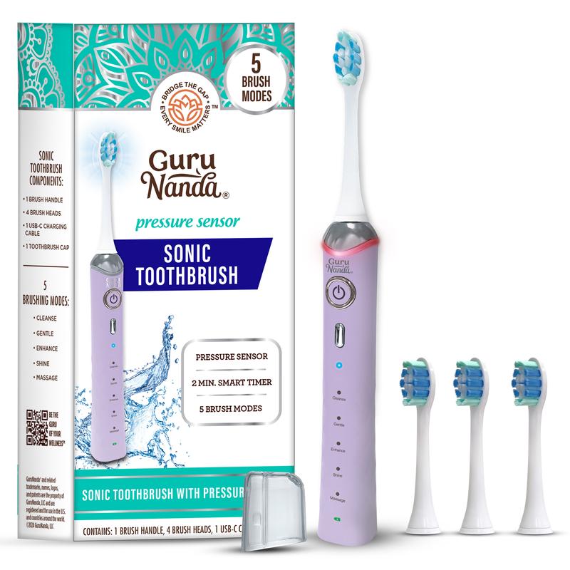 GuruNanda Lavender Pressure Sensor Sonic Electric Toothbrush - Rechargeable with 5 Modes, Memory Function, 2-Min Smart Timer & 4 Replacement Heads