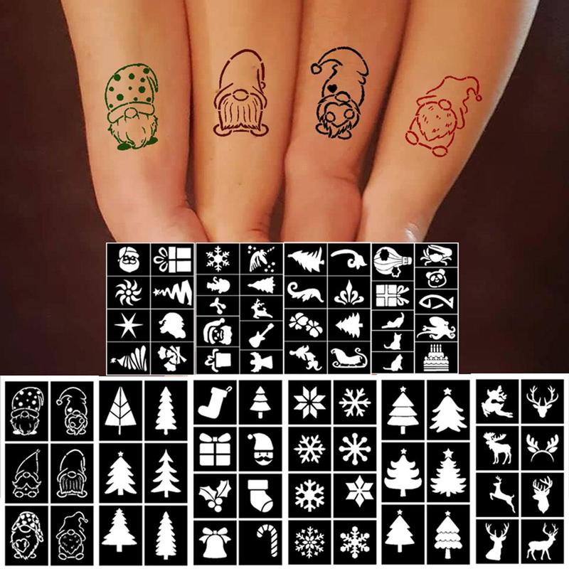 Snowman & Santa & Elk Pattern Festival Themed Temporary Tattoo Stencil Kit, 10 Sheets Reusable Tattoo Templates for Body Art Painting and Makeup