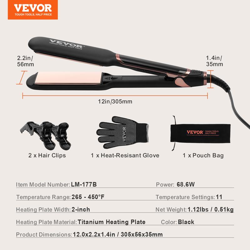 VEVOR Titanium Hair Straightener, 2-inch - Features Infrared, Negative Ions, Dual Voltage (110V 240V), LCD Screen & 11 Temperature Settings, Ideal for Salon, Home & Travel