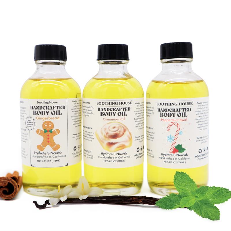 Christmas Trio Body Oil Variety Pack: Peppermint Swirl, Cinnamon Roll, and Gingerbread Cookie, 3 Bottles with Droppers Moisturize Nourishing Body Care Scent Fragrance Gift Luxury Aroma Body Care