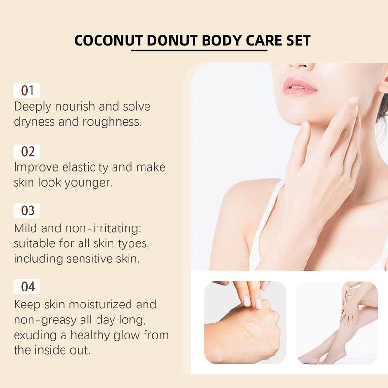 Coconut Donut Body Care Kit (2 Counts set), Moisturizing and Nourishing Body Cream & Body Oil, Body Massage Skin Care Set for Women & Men, Skin Care Products