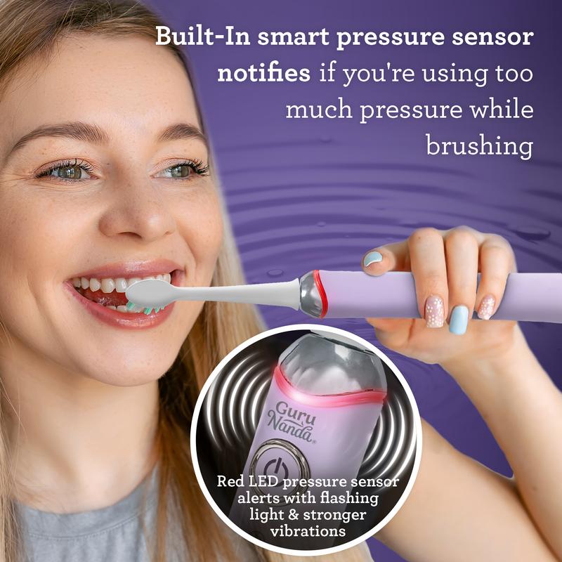 GuruNanda Lavender Pressure Sensor Sonic Electric Toothbrush - Rechargeable with 5 Modes, Memory Function, 2-Min Smart Timer & 4 Replacement Heads