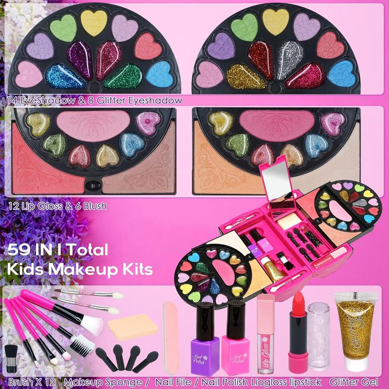 Kids Makeup Kit for Girl - 59 PCS Real and Safe Make up for Kids Girls, Washable Makeup, Princess Toy Makeup Kit for Christmas, New year gift