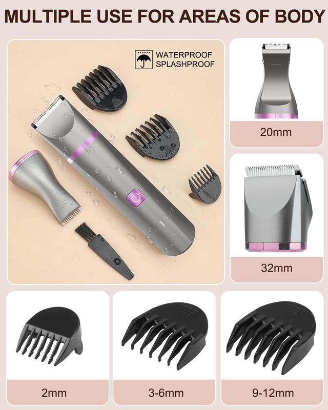 Hair Trimmer for Women Waterproof  Trimmer Electric Shaver for Pubic Hair Legs Arms Removal Personal Trimmer with Snap-in Ceramic Blades IP7X Washable Head,Wet and Dry Use