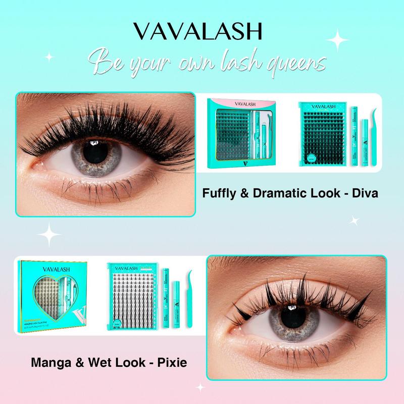 VAVALASH Lash Kit, Wide Thin Lash Band Fuffly Magic Individual DIY Cluster Lashes Kit, Beginner Friendly Waterproof Lash bond For Girls Diy Lash Beauty Makeup At Home Eyelashes Cosmetic Lash Extensions Eyelash Extensions