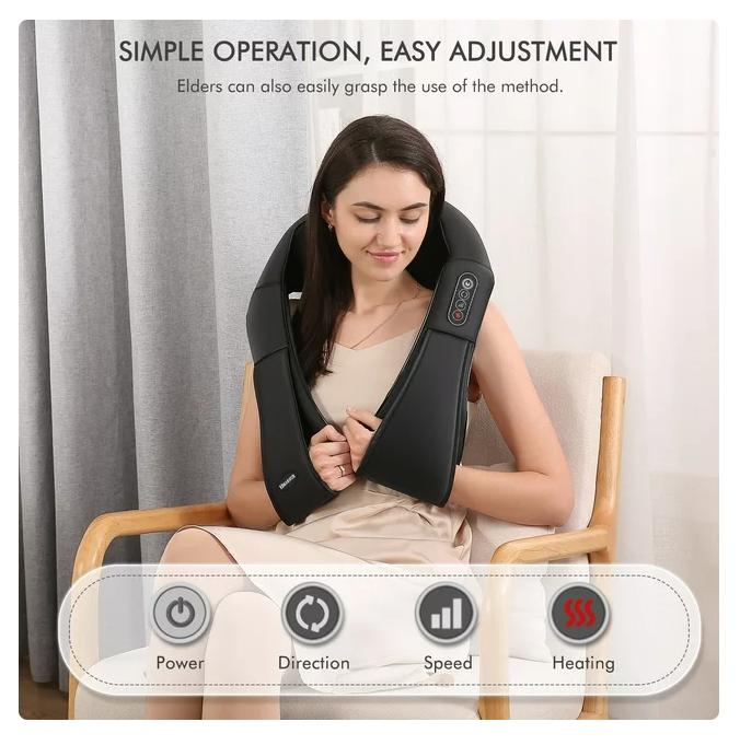 Neck and Shoulder Massager, 3D Deep Tissue Kneading Shiatsu Massager with Heat, Black