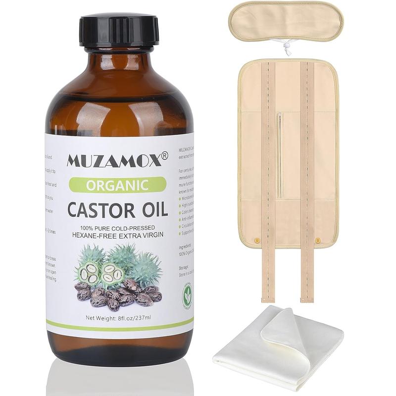 MUZAMOX Castor Oil Organic Cold Pressed Unrefined Glass Bottle , Castor Oil Pack Wrap Organic Cotton and Castor Oil Packs (8fl.oz 237ml)  pack Body Care Comfort castoroil  bodyoil