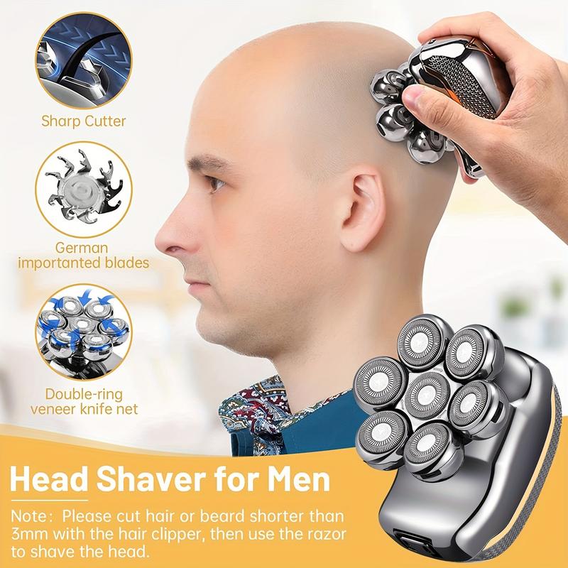 Men's Electric Head Shaver Razor, Men's shaver - Rechargeable Cordless Hair Shaving Razors For Bald Man 6 In 1 Waterproof Wet Dry Beard Trimmer Body Hair Cutting Clipper Grooming Kit 7 Rotary Heads