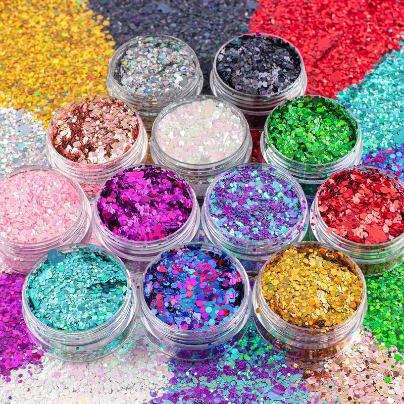 12 Colors of Holographic Chunky Glitter No Glue Attached, 12 Pots Total 120g Multi-Shaped for Body Hair Face Eyes Make-up, Nail Art and Bedazzling in Party Concert Events Glitter