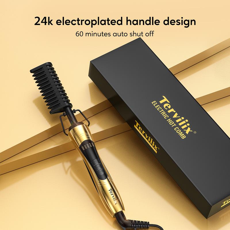 Terviiix Electric Hot Comb for Black Hair, Wigs & Beard, Anti-Scald Attachment, Straightener Comb with Keratin & Argan Oil Infused Teeth, Temperatures Adjustable, 60 Min Auto Shut Off