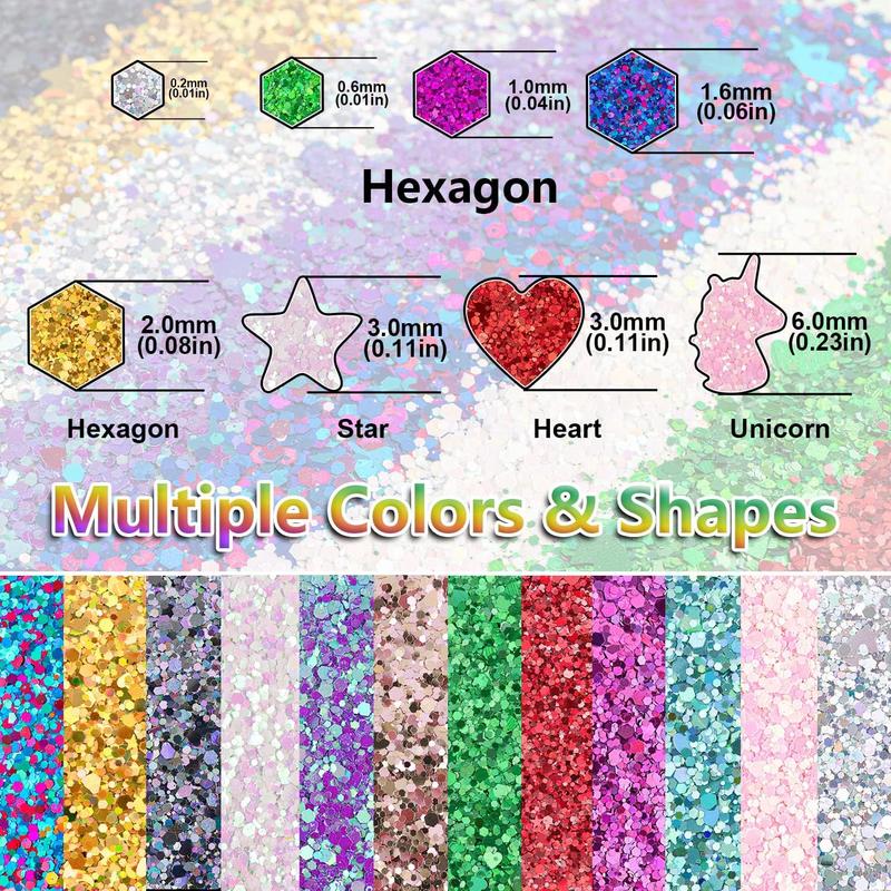 12 Colors of Holographic Chunky Glitter No Glue Attached, 12 Pots Total 120g Multi-Shaped for Body Hair Face Eyes Make-up, Nail Art and Bedazzling in Party Concert Events Glitter