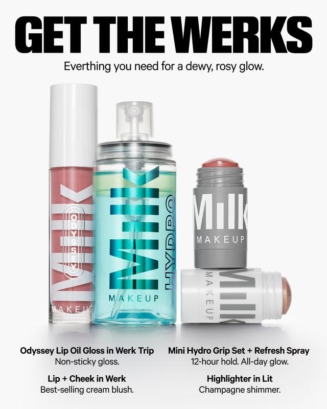 Milk Makeup The Werks Set, Makeup Set, Includes Hydro Grip Set + Refresh Spray, Lip + Cheek, Odyssey Lip Gloss Oil, and Highlighter, Makeup Bundle