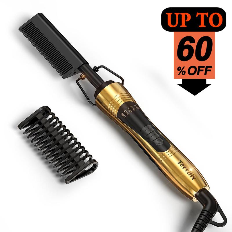 Terviiix Electric Hot Comb for Black Hair, Wigs & Beard, Anti-Scald Attachment, Straightener Comb with Keratin & Argan Oil Infused Teeth, Temperatures Adjustable, 60 Min Auto Shut Off