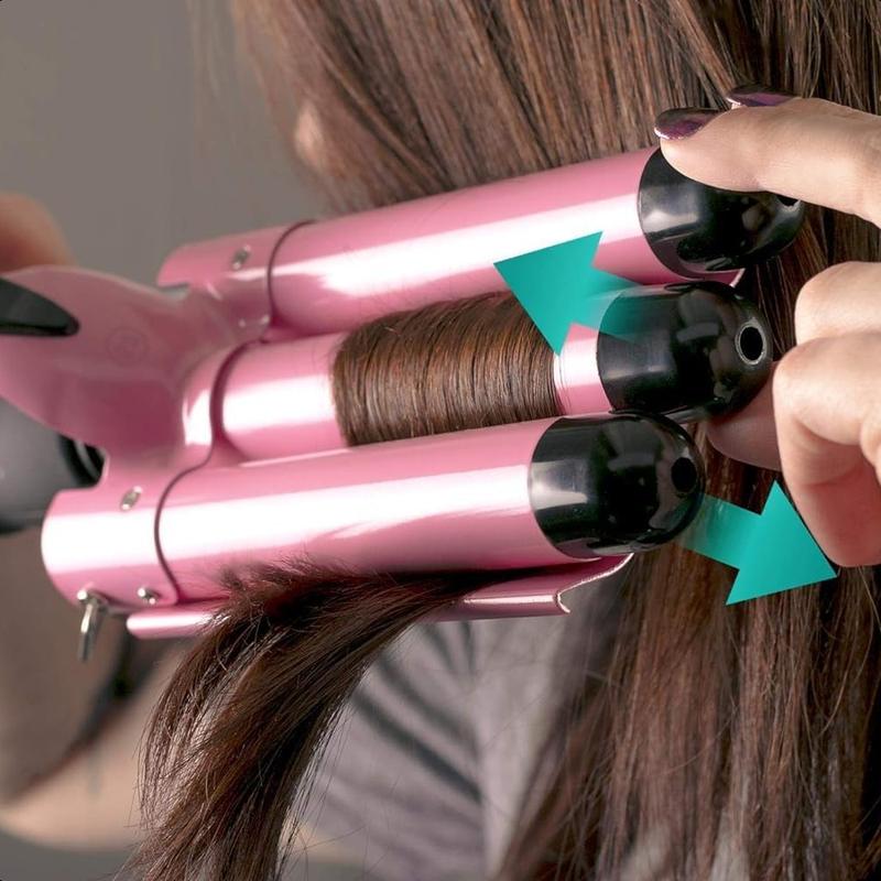 3 Barrel Hair Waver for Beachy Frizz-Free Waves w LCD Temperature Display - 1 Inch Ceramic Tourmaline Triple Barrels, Dual Voltage Crimping Tool