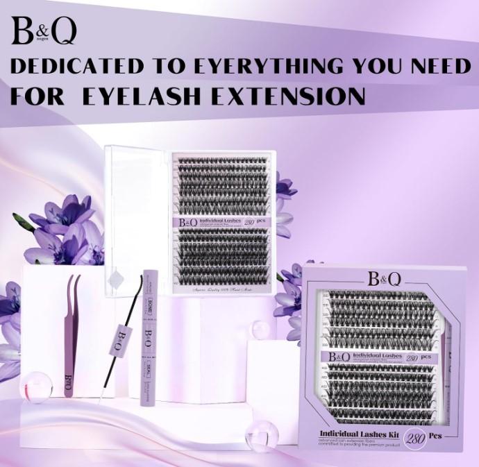 DIY Lash Extension Kit 280pcs Individual Lashes Cluster B&Q D Curl Eyelash Extension Kit Lash Clusters with Lash Bond and Seal and Lash Applicator Tool (KIT,30D40D-0.07D-9-16MIX) Makeup Cosmetic Eyelashes Extensions Lightweight