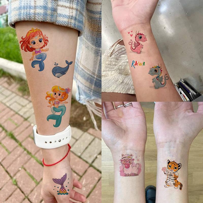 Cartoon Mermaid & Animal Pattern Temporary Tattoo Sticker, 60pcs set Waterproof Fake Tattoo Sticker, Body Art Sticker for Kids & Adults