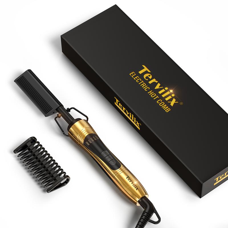 Terviiix Electric Hot Comb for Black Hair, Wigs & Beard, Anti-Scald Attachment, Straightener Comb with Keratin & Argan Oil Infused Teeth, Temperatures Adjustable, 60 Min Auto Shut Off