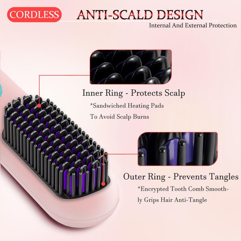 Ouestbeauty Cordless Hair Straightener Brush Comb with 9 Temperature Settings & Anti-Scald - Comfort, Gentle