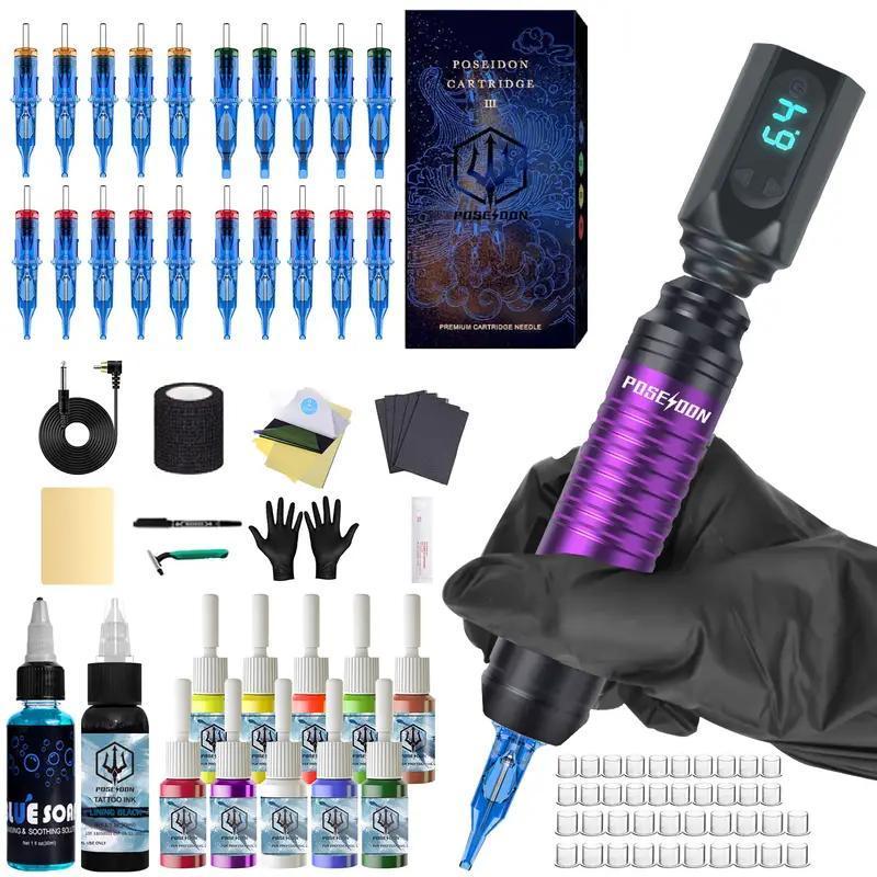 POSEIDON Tattoo Pen Set Motor Tattoo Machine Special Set Practice tattoo machine,Tattoo kit with 20-piece tattoo syringes, tattoo machine kit with wireless tattoo power supply