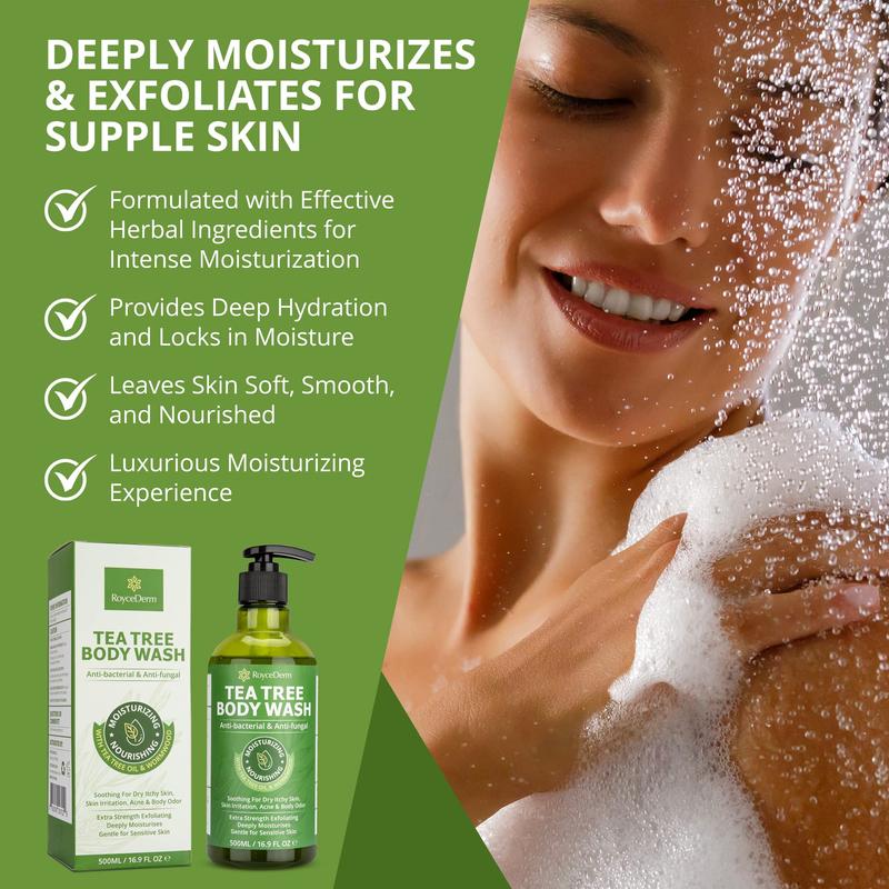 RoyceDerm Tea Tree Body Wash, Antibacterial Tinea Versicolor Body Wash Acne Body Care Cleansing Eczema Skin Care Soap Daily